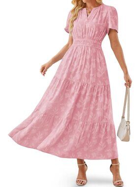 Women's Pink Short Puff Sleeve V Neck Smocked Empire Waist Imported Maxi Dress
